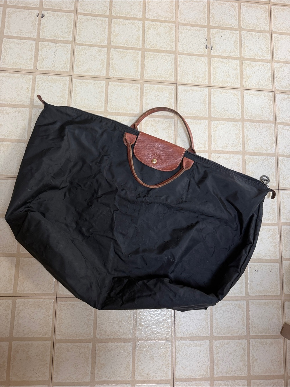 Longchamp Le Pliage Black Large Travel Tote Bag Brown Leather Handles